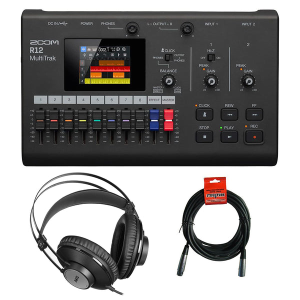 Zoom R12 MultiTrak Portable Recorder and Control Surface Bundle with AKG K72 Closed-Back Studio Headphones and XLR Cable