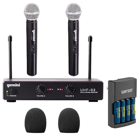 Gemini Sound UHF-02M-S12 517.6+521.5 MHz Dual Channel UHF Wireless Handheld System bundle with Watson Rapid Charger with 4 AA Batteries, Auray WHF-158 Foam Windscreen Microphones