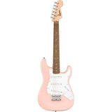 Squier Mini Stratocaster Electric Guitar- Shell Pink Bundle with Fender Professional Instrument Cable (10ft), Logo Guitar Strap and Classic Celluloid Guitar Picks 12-Pack