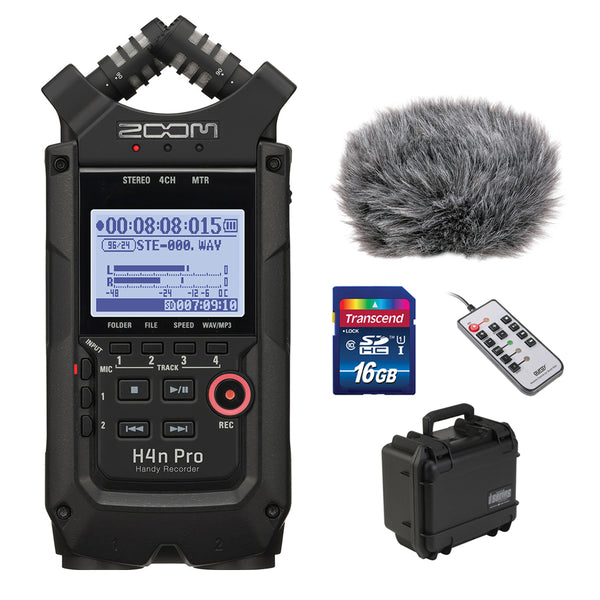 Zoom H4n Pro All Black 4-Track Portable Recorder (2020 Model) with SKB iSeries Waterproof Case, Windbuster, 16GB Memory Card & Remote Control Bundle