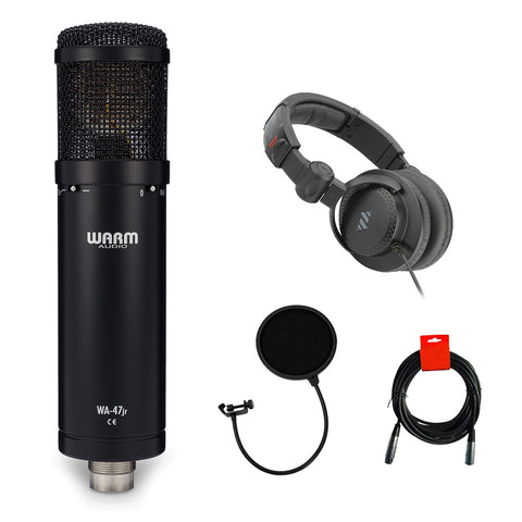 Warm Audio WA-47jr Large-Diaphragm FET Condenser Microphone (Black) Bundle with Studio Headphones, Pop Filter & XLR Cable