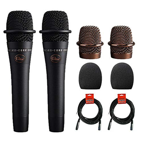 Blue enCORE 200 Active Dynamic Handheld Vocal Microphone (Black) 2-Pack with (2) 1-5/9" Foam Windscreen & (2) XLR Cable Bundle