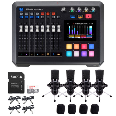 Tascam Mixcast 4 Podcast Station with Built-in Recorder/USB Audio Interface (MIXCAST4) Bundle with 32GB microSDHC Memory Card and 4x CAD GXL1800 Condenser Mic