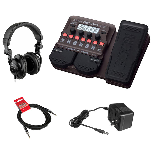 Zoom A1X Four Acoustic Instrument Multi-Effect Processor with Polsen HPC-A30 Monitor Headphones, 9V Power Adapter & 10ft Instrument Cable Bundle