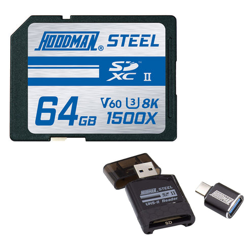 Hoodman 64GB Steel UHS-II SDXC Memory Card Bundle with SD/microSD UHS-II Card Reader