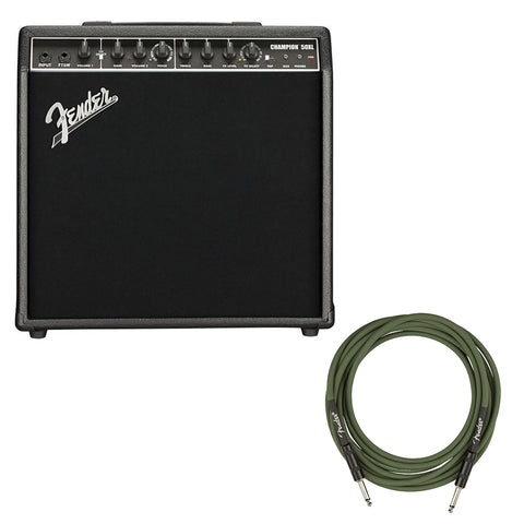 Fender Champion 50XL Guitar Amplifier Bundle with Fender Joe Strummer Instrument Cable, Straight/Straight, Drab Green, 13ft