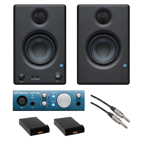 PreSonus Eris E3.5 3.5" 2-Way 25W Nearfield Monitors (Pair) with PreSonus AudioBox iOne Recording Interface, (2) Isolation Pad & 5' TRS Audio Cable Bundle