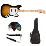 Squier Sonic Mustang Electric Guitar 2-Color Sunburst, Maple Fingerboard Bundle with FE620 Electric Guitar Gig Bag, 351 Classic Guitar Picks, and Straight/Angle Cable