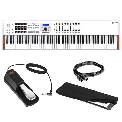 Arturia KeyLab 88 MkII Hammer-Action MIDI Controller (White) with Sustain Pedal, MIDI Cable 10' & Keyboard Dust Cover (Large) Bundle