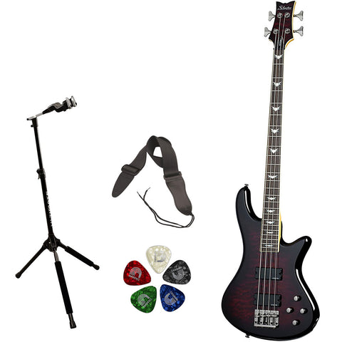 Schecter Stiletto Extreme-4 Bass Guitar (4 String, Black Cherry) Bundle with Ultimate Support Pro Guitar Stand, Guitar Strap and Classic Guitar Pick (10-Pack)