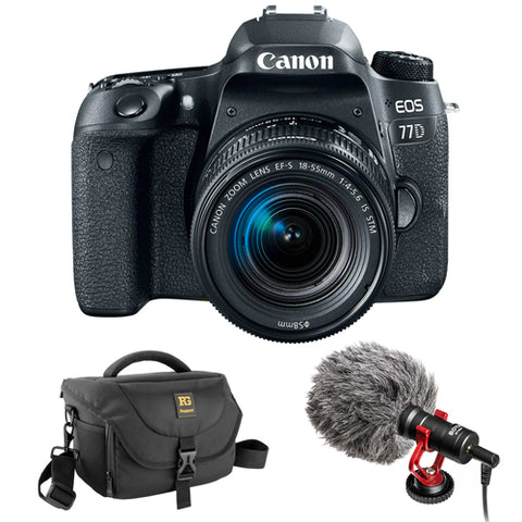 Canon EOS 77D DSLR Camera with 18-55mm Lens with Boya BY-MM1 Shotgun Video Microphone and Journey 34 DSLR Shoulder Bag (Black)