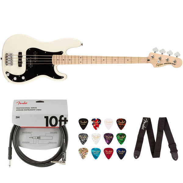 Squier by Fender Affinity Series Precision Bass PJ, Maple fingerboard, (Olympic White) Bundle with Fender 10ft Cable (Straight/Straight), Guitar 12-Pack Picks, and 2" Guitar Straps