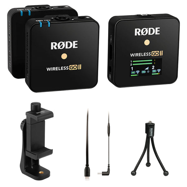 Rode Microphones Wireless GO II Dual Channel Wireless Microphone System Bundle with Rode SC15 Type-C USB Cable, Smartphone Tripod Adapter, and Tabletop Tripod