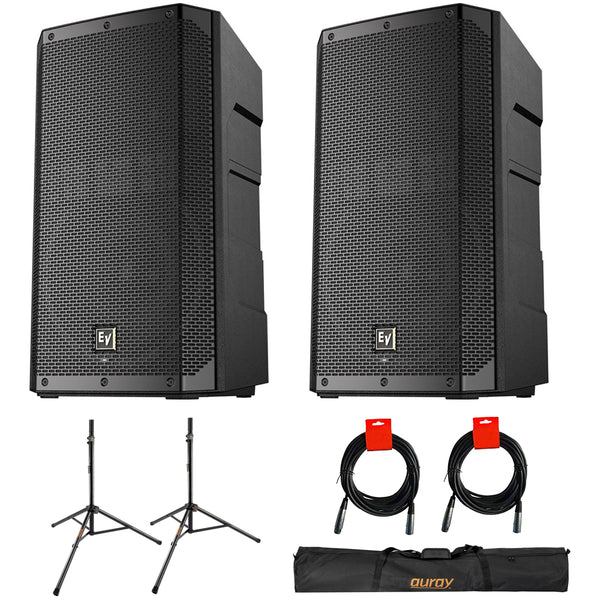 Fender Fighter 10" 2-Way 1300 Watts Powered Speaker (Pair) Bundle with Auray SS-47S-PB Steel Speaker Stands with Carrying Case and 2x XLR-XLR Cables