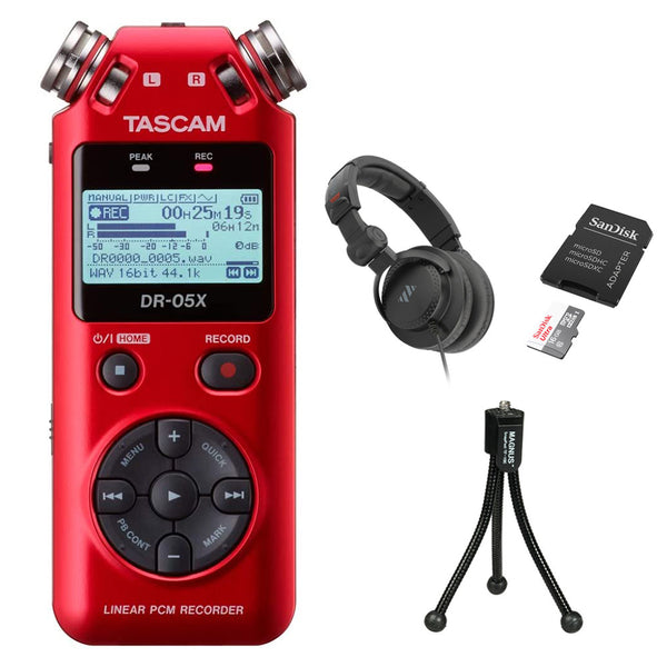 Tascam DR-05X Stereo Handheld Digital Audio Recorder (Red) Bundle with Studio Monitor Headphones, 16GB Memory Card & Tripod