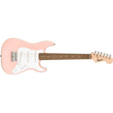 Squier Mini Stratocaster Electric Guitar- Shell Pink Bundle with Fender Professional Instrument Cable (10ft), Logo Guitar Strap and Classic Celluloid Guitar Picks 12-Pack