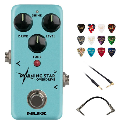 NUX Morning Star Guitar Overdrive Effect Pedal Blues-break Overdrive Bundle with Kopul 10' Instrument Cable, Strukture S6P48 6" Patch Cable Right Angle, and Fender 12-Pack Picks