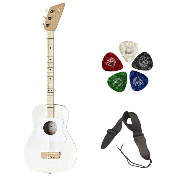 Loog 3 String Pro Acoustic Guitar and Accompanying App for Children, Teens and Beginners (White) Bundle with 10-Pack Classic Pearl Celluloid Guitar Pick and Guitar Straps
