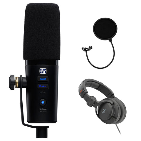 PreSonus Revelator Dynamic USB Microphone Bundle with Polsen HPC-A30-MK2 Studio Monitor Headphones and Pop Filter