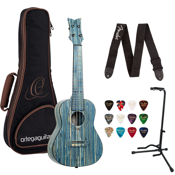 Ortega Guitars, 4-String Bamboo Series All Solid Concert Ukulele w/Bag, Right-handed, Stone Washed, (RUSWB-CC) Bundle with Fender 2" Logo Guitar Strap, Fender 12-Pack Picks, and Gator Guitar Stand