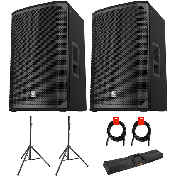 Electro-Voice EKX-15P 15" Two-Way Full Range 1500W Powered Loudspeaker (Pair) Bundle with Auray SS-47S-PB Steel Speaker Stands with Carrying Case and 2x XLR-XLR Cables