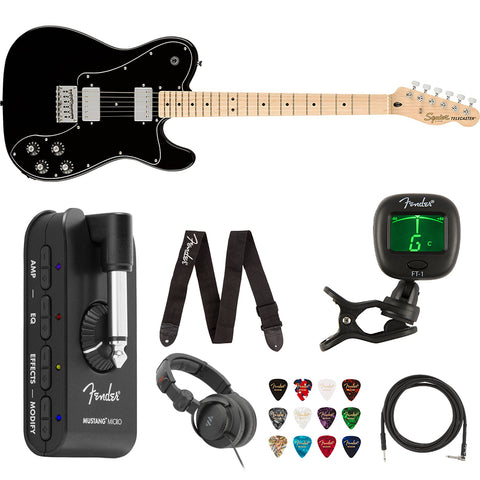 Squier by Fender Affinity Series Telecaster Deluxe, Maple fingerboard, Black Bundle with Fender Mustang Micro Headphone Amp, Guitar Strap, 10ft Instrument Cable, FT-1 Clip-On Tuner, 12-Pack Picks, and Headphone