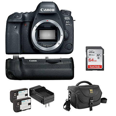 Canon EOS 6D Mark II DSLR Camera (Body Only) with Canon BG-E21 Battery Grip, Journey 34 DSLR Shoulder Bag, LP-E6 Lithium-Ion Battery & 64GB Memory Card