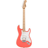 Squire Sonic Stratocaster Electric Guitar, Tahitian Coral, Maple Fingerboard, White Pickguard Bundle with FE620 Electric Guitar Gig Bag, 351 Classic Guitar Picks, and Straight/Angle Cable