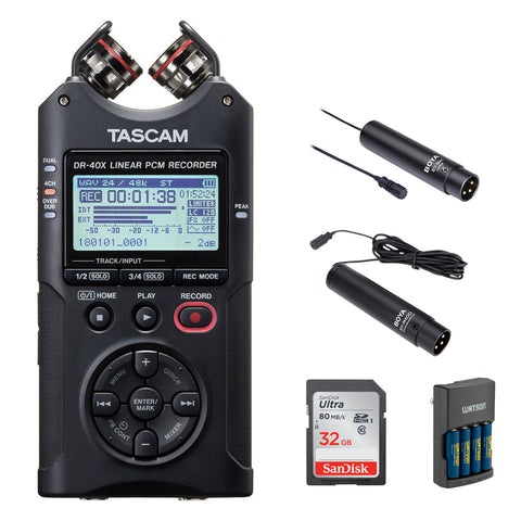 Tascam DR-40X Four-Track Digital Audio Recorder with Boya BY-M4C Lavalier Mic, BY-M40D Omni-directional Mic, 64GB Memory Card & Charger Bundle