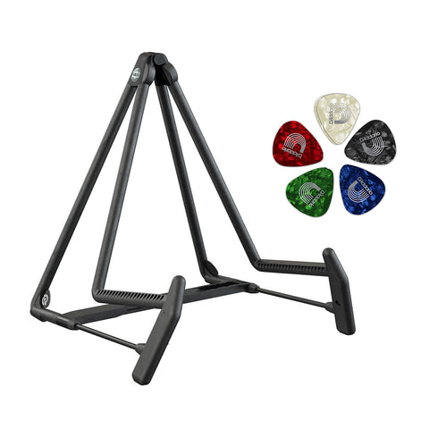 K&M 17580 Heli 2 Acoustic Guitar Stand (Black) with Planet Waves Guitar Pick 10-Pack (Medium) Bundle