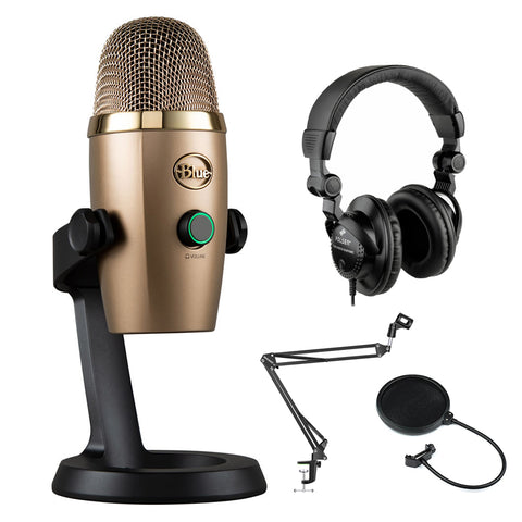 Blue Yeti Nano USB Condenser Microphone (Cubano Gold) with Polsen HPC-A30 Monitor Headphones, Mic Suspension Boom & Pop Filter Bundle