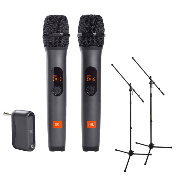 JBL Wireless Two Microphone System with Dual-Channel Receiver (2-Pack) Bundle with 2x Auray MS-5230F Tripod Mic Stand