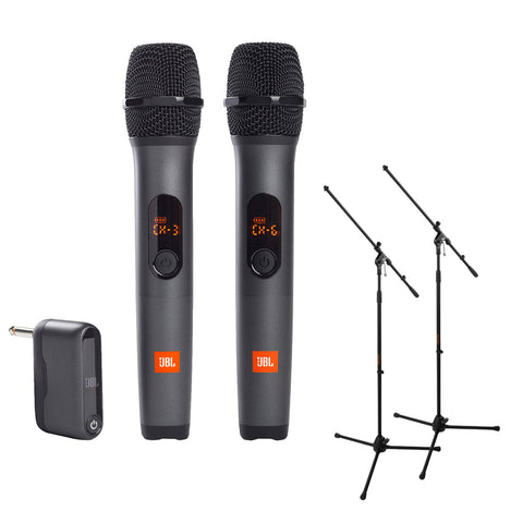 JBL Wireless Two Microphone System with Dual-Channel Receiver (2-Pack) Bundle with 2x Auray MS-5230F Tripod Mic Stand