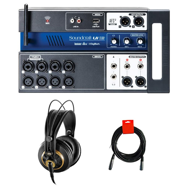 Soundcraft Ui12 12-Input Remote-Controlled Digital Mixer Bundle with AKG K240 Studio Pro Stereo Headphones and XLR Cable