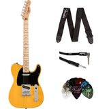 Fender Squire Sonic Telecaster Electric Guitar, Butterscotch Blonde, Maple Fingerboard Bundle with Fender Logo Guitar Strap, Instrument Cable 10' and Celluloid Guitar Picks 351 Shape