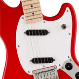 Squier Sonic Mustang Electric Guitar Torino Red, Maple Fingerboard Bundle with Fender Logo Guitar Strap Black, Fender 12-Pack Celluloid Picks, and Straight/Angle Instrument Cable