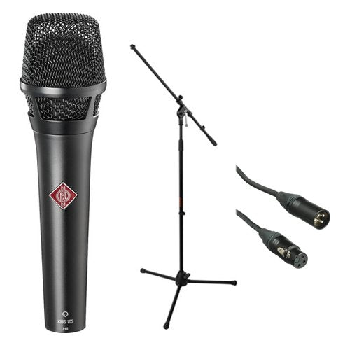 Neumann KMS 105 - Live Vocal Condenser Microphone (Black) With XLR Cable and Mic Stand