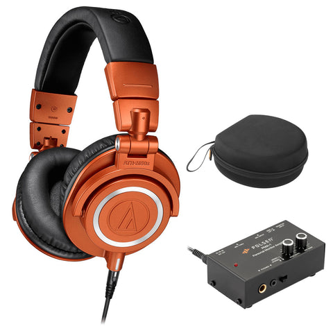 Audio-Technica ATH-M50XMO Professional Closed-Back Monitor Headphones Limited Edition Lantern Glow (Metallic Orange) Bundle with Polsen Headphone Monitor Amplifier and Headphones Case