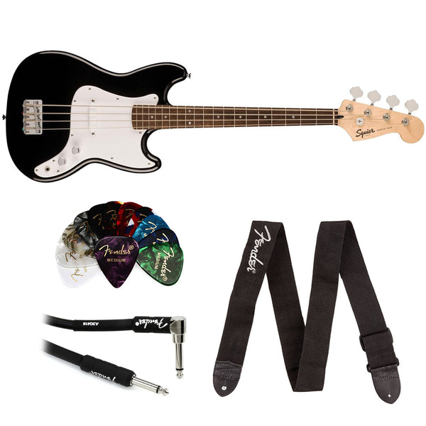 Fender 0373800506 Sonic Bronco Bass Laurel Fingerboard White Pickguard Black Bundle with Fender Logo Guitar Strap Black, Fender 12-Pack Celluloid Picks, and Straight/Angle Instrument Cable