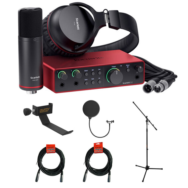 Focusrite Scarlett 2i2 USB-C Audio Interface (4th Generation) with Tripod Mic Stand + Boom, Headphone Holder, Pop Filter & 2x XLR Cable Bundle