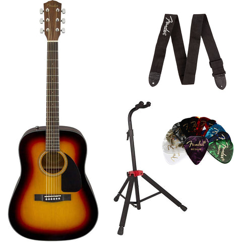 Fender CD-60 Dreadnought V3 Acoustic Guitar, with 2-Year Warranty, Sunburst, with Case Bundle with Fender Guitar Stand with Sturdy Metal, 10' Instrument Cable and Logo Guitar Strap