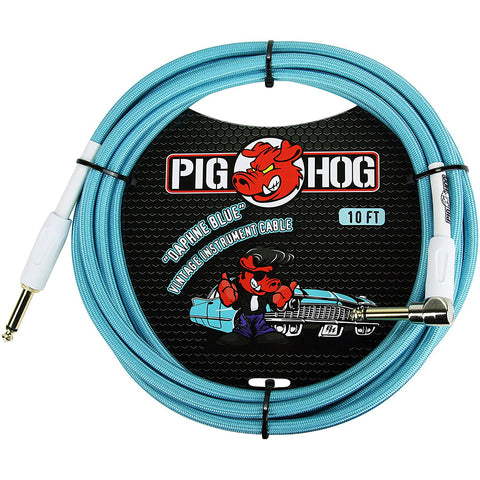 Pig Hog PCH10DBR 1/4" to 1/4" Right-Angle Daphne Blue Guitar Instrument Cable, 10 Feet