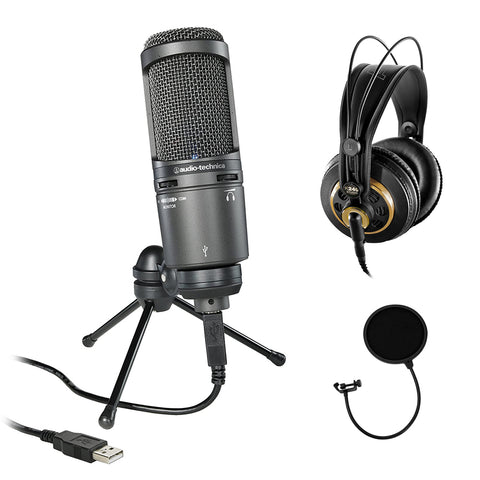 Audio-Technica AT2020USB+ Cardioid Condenser USB Microphone Bundle with AKG K240 Pro Headphones & Pop Filter