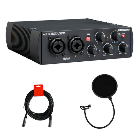 PreSonus AudioBox USB 96 2x2 USB Audio Interface (25th Anniversary Black) with Pop Filter & XLR Cable Bundle