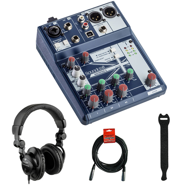 Soundcraft Notepad-5 Small-Format Analog Mixing Console with Polsen HPC-A30 Monitor Headphones, Fastener Straps (10-Pack) & XLR Cable Bundle