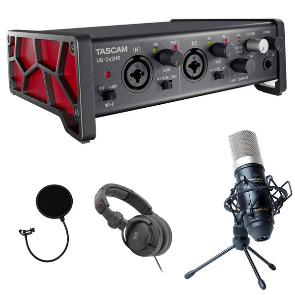 Tascam US-2x2HR 2 Mic 2IN/2OUT USB Audio Interface Bundle with Marantz Pro MPM-1000 Condenser Mic, Polsen Headphones, and Pop Filter