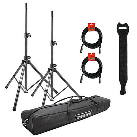 On-Stage SSP7950 Aluminum Speaker Stand Pak with 0.5 x 6" Touch Fastener Straps (Black, 10-Pack) and 20' XLR Cable