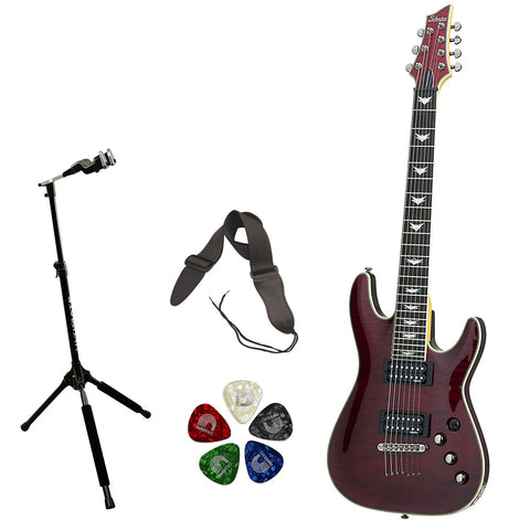 Schecter Omen Extreme-7 Electric Guitar (Black Cherry) Bundle with Ultimate Support Pro Guitar Stand, Guitar Strap and Classic Guitar Pick (10-Pack)