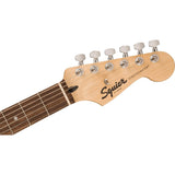 Squier Sonic Stratocaster Electric Guitar California Blue, Laurel Fingerboard, Black Pickguard Bundle with Fender Logo Guitar Strap Black, Fender 12-Pack Celluloid Picks, and Instrument Cable