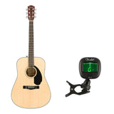 Fender CD-60S Dreadnought V2 Pack Acoustic Guitar, Natural, with Gig Bag and Accessories Bundle with Fender FT-1 Professional Clip-On Tuner, Black